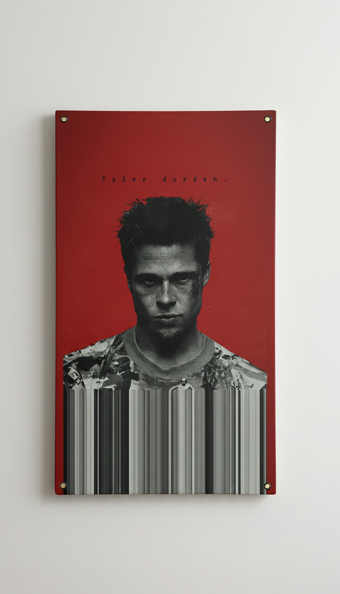 Tyler Durden barcode velvet wall tapestry – deep red background with B&W portrait and dissolving barcode Fight Club art