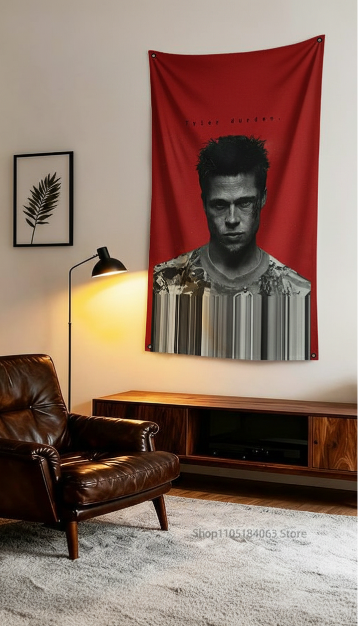 Tyler Durden barcode velvet wall tapestry – bold red minimal Fight Club cult film art mockup on bedroom wall