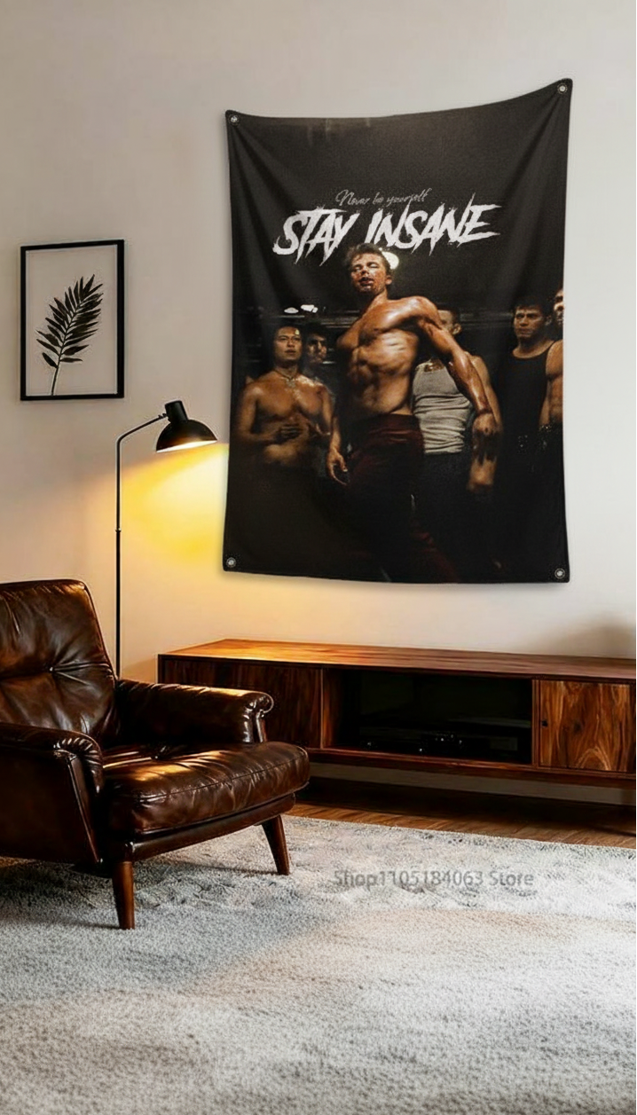 Fight Club Stay Insane velvet wall tapestry – dark cinematic cult film art mockup on bedroom wall