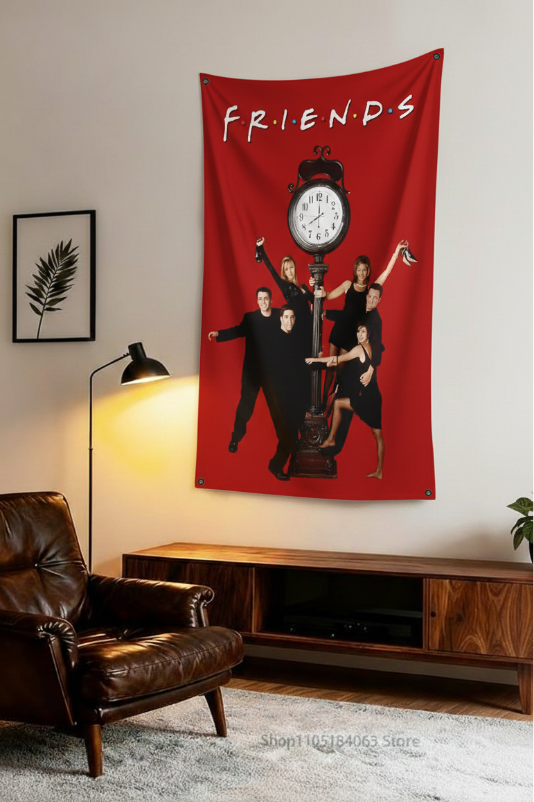 Friends TV show velvet wall tapestry – classic 90s sitcom cast poster art mockup on dorm room wall
