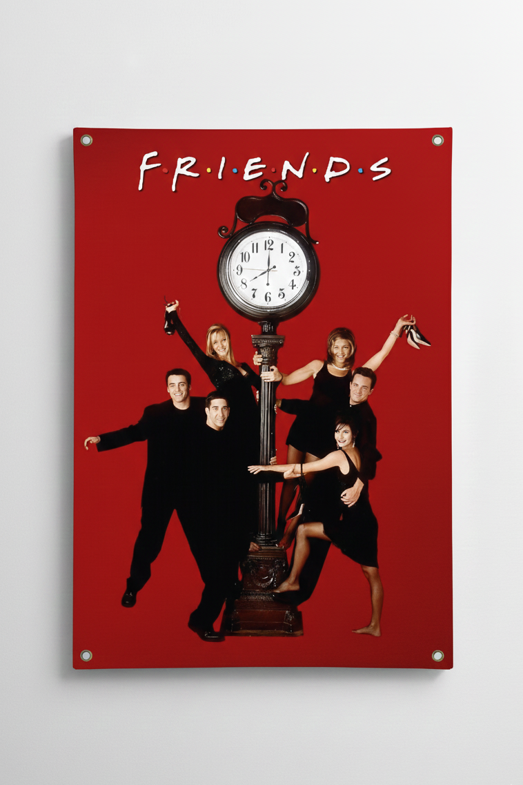 Friends TV show velvet wall tapestry – bold red cast poster with all six characters around the lamppost clock and iconic dot logo