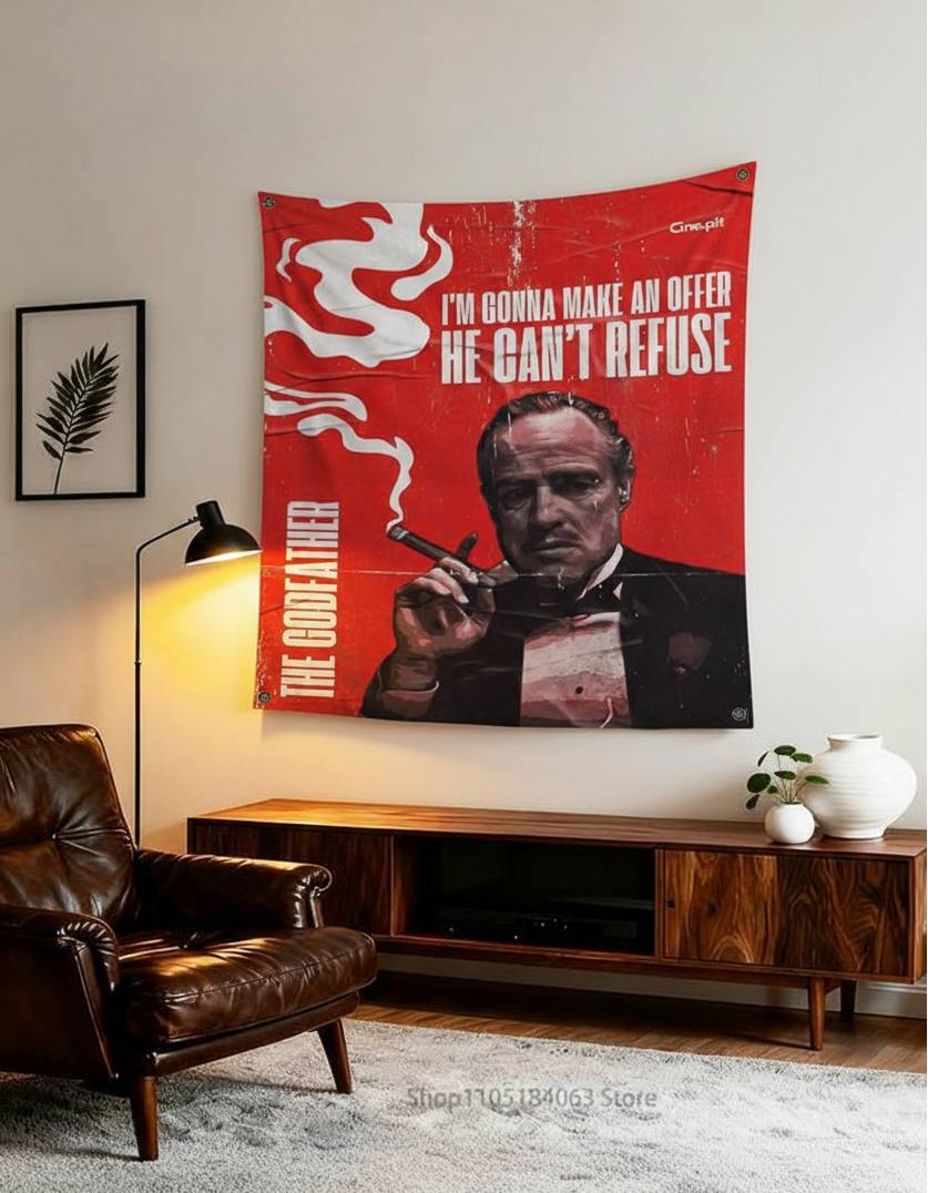 The Godfather velvet wall tapestry – classic film vintage red poster art mockup on living room wall