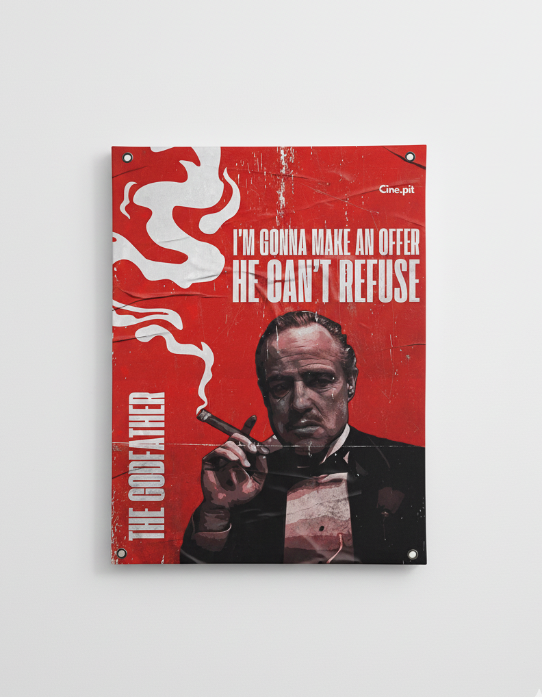 The Godfather velvet wall tapestry – bold red distressed vintage poster with Don Corleone cigar portrait and vertical quote typography