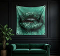 Money lips dollar velvet wall tapestry – lips wrapped in currency with dollar bills flowing on money green background flat product view