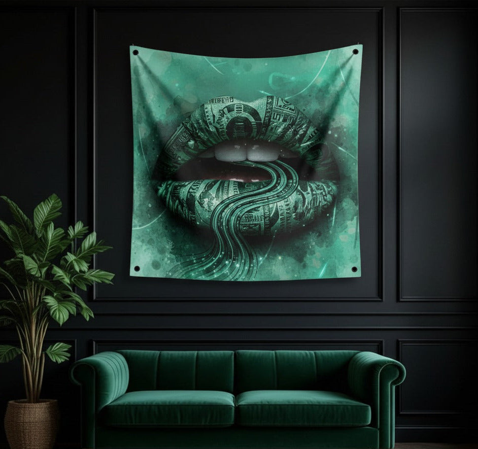 Money lips dollar velvet wall tapestry – lips wrapped in currency with dollar bills flowing on money green background flat product view