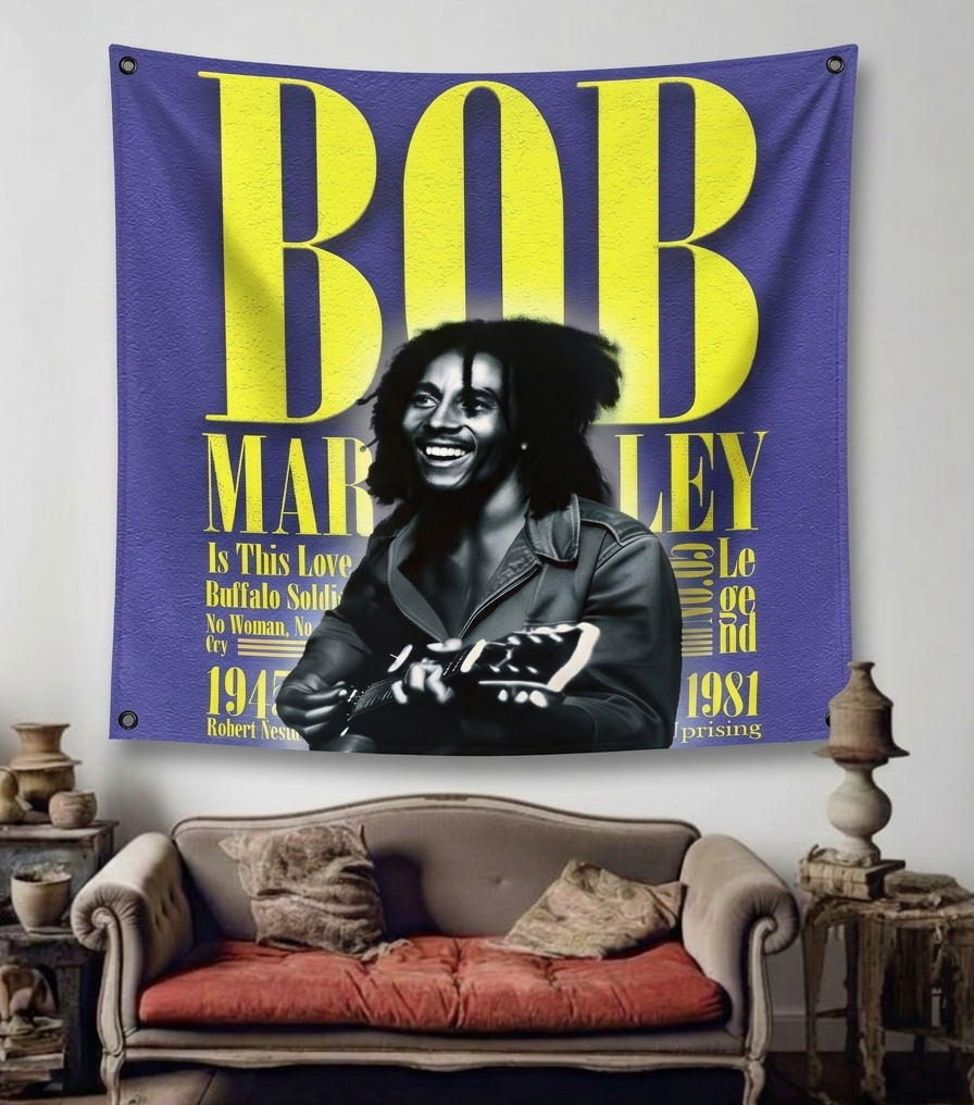 Bob Marley Legend velvet wall tapestry – room mockup showing tapestry hung on bedroom wall