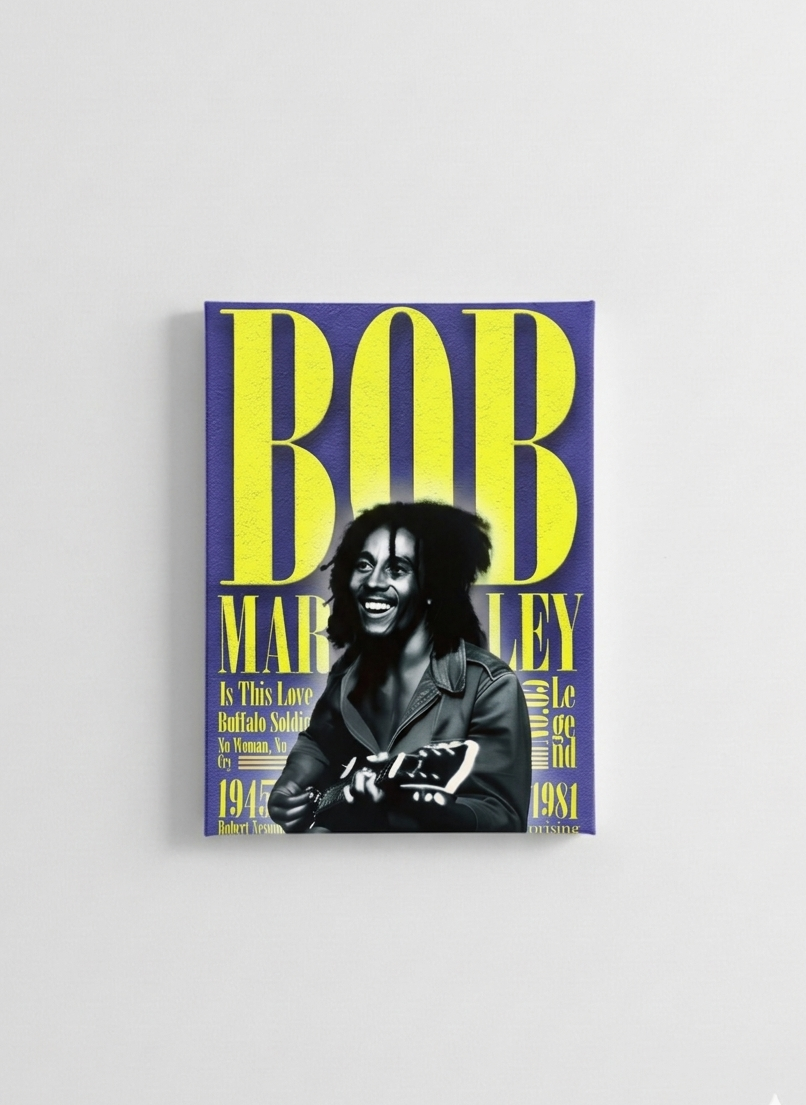 Bob Marley Legend velvet wall tapestry – bold yellow typography on deep indigo with portrait and song titles tribute layout flat product view