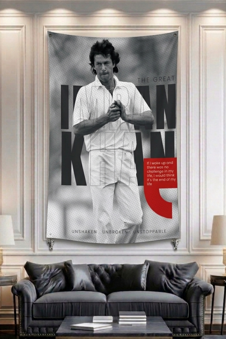 Imran Khan The Great velvet wall tapestry – classic B&W cricket legend portrait with iconic motivational quote in red