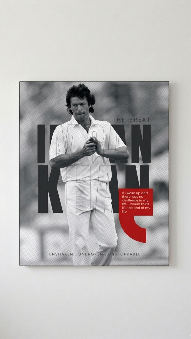 Imran Khan The Great velvet wall tapestry – bold black and white typographic portrait with red accent layered text design