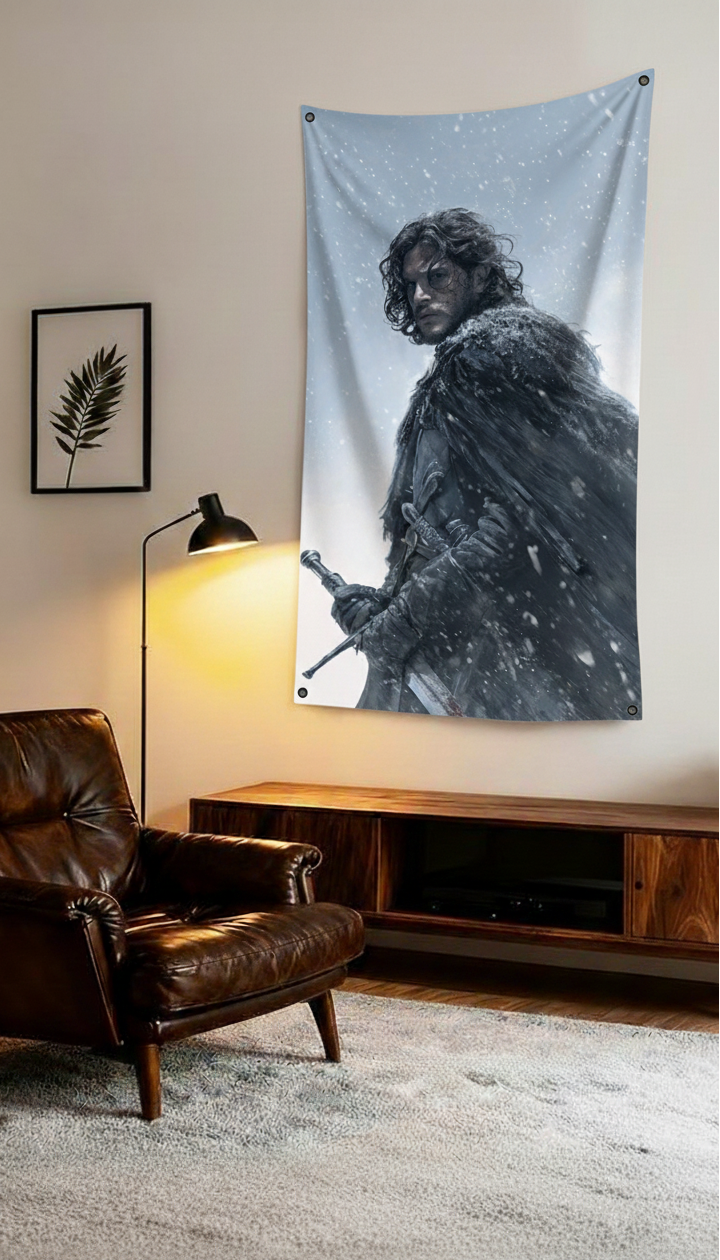 Jon Snow Game of Thrones velvet wall tapestry – dark winter cinematic GOT fan art mockup on bedroom wall