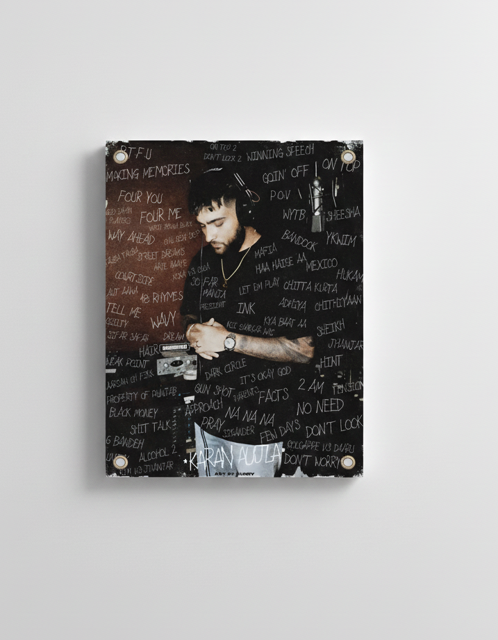 Karan Aujla velvet wall tapestry – Punjabi rap lyric art design