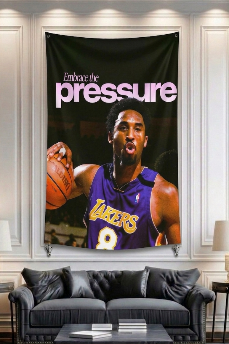 Kobe Bryant Embrace the Pressure velvet wall tapestry – dark moody Mamba Mentality sports portrait with bold quote