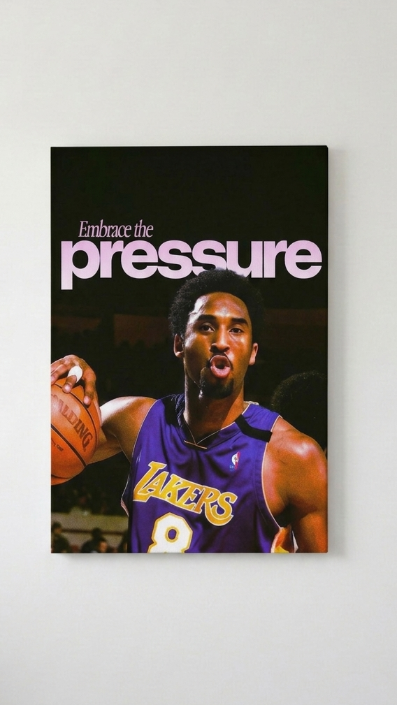 Kobe Bryant Embrace the Pressure velvet wall tapestry – motivational Lakers purple typography with in-game action portrait