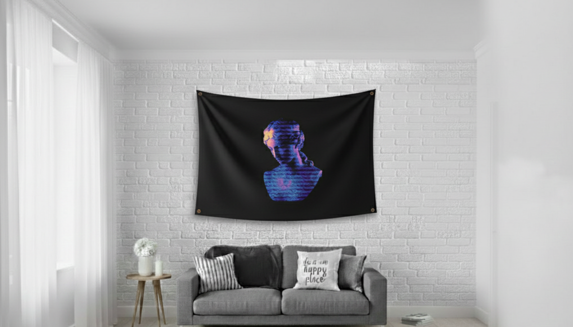 Greek goddess velvet tapestry mockup on bedroom wall