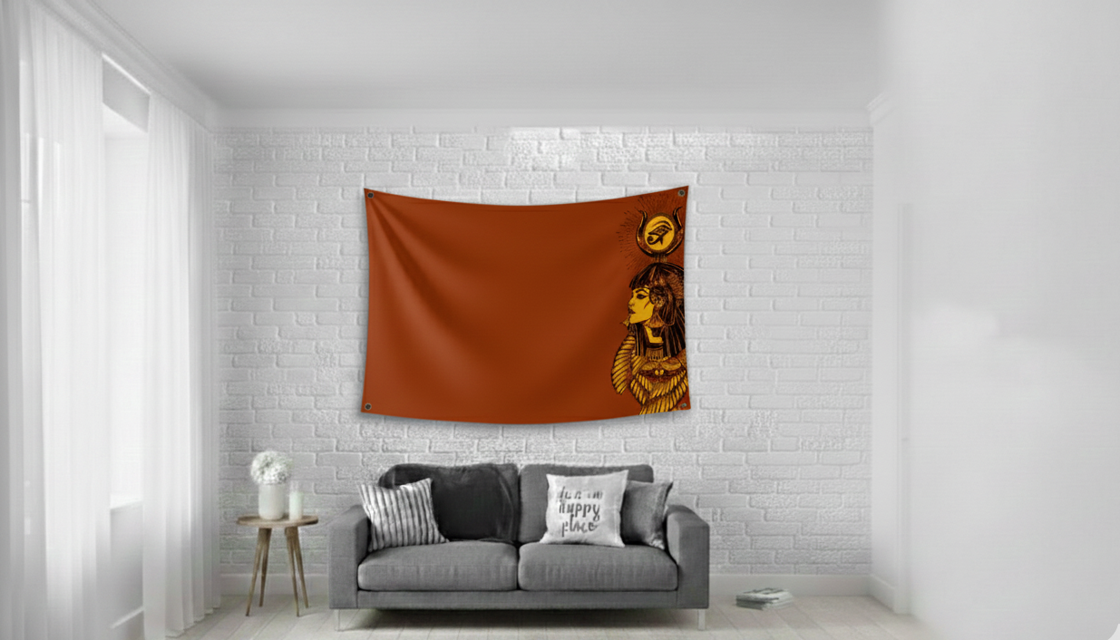 Egyptian goddess velvet tapestry mockup on living room wall