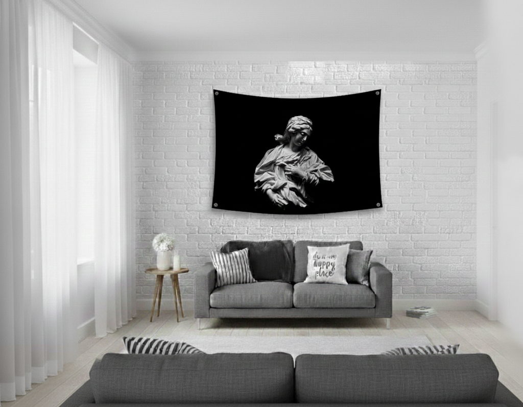 Virgin Mary velvet tapestry mockup on bedroom wall