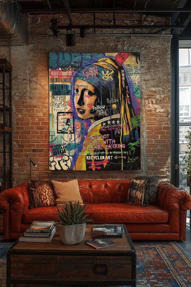 Girl with a Pearl Earring velvet tapestry mockup on bedroom wall