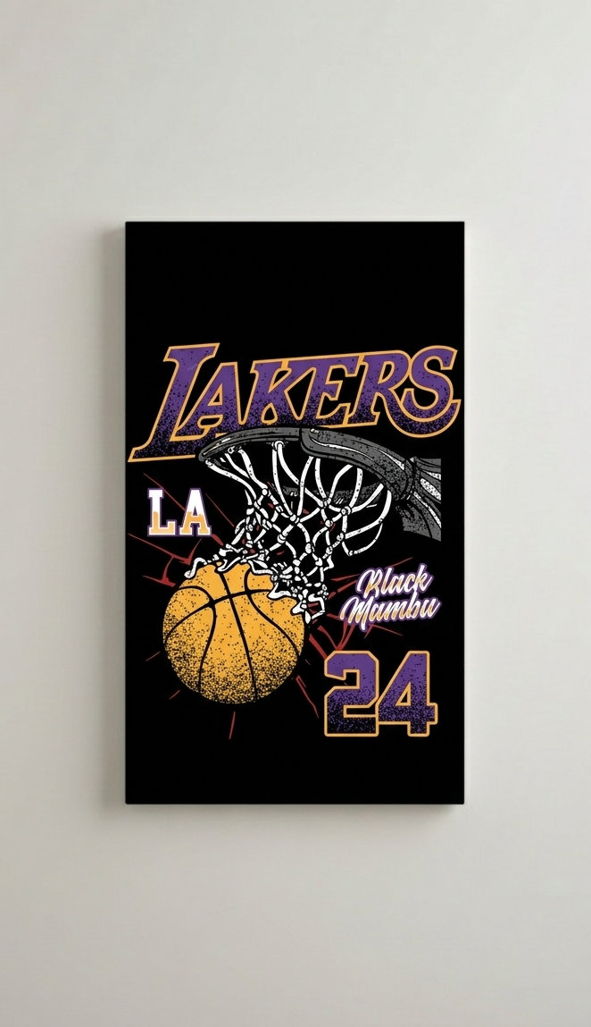 Lakers Black Mamba 24 velvet wall tapestry – vintage distressed typography with basketball net graphic in purple and gold on black