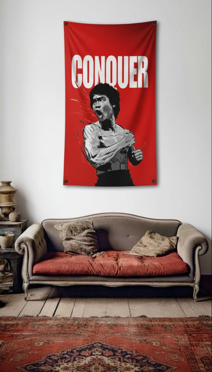 Bruce Lee velvet wall tapestry – room mockup showing tapestry hung on bedroom wall