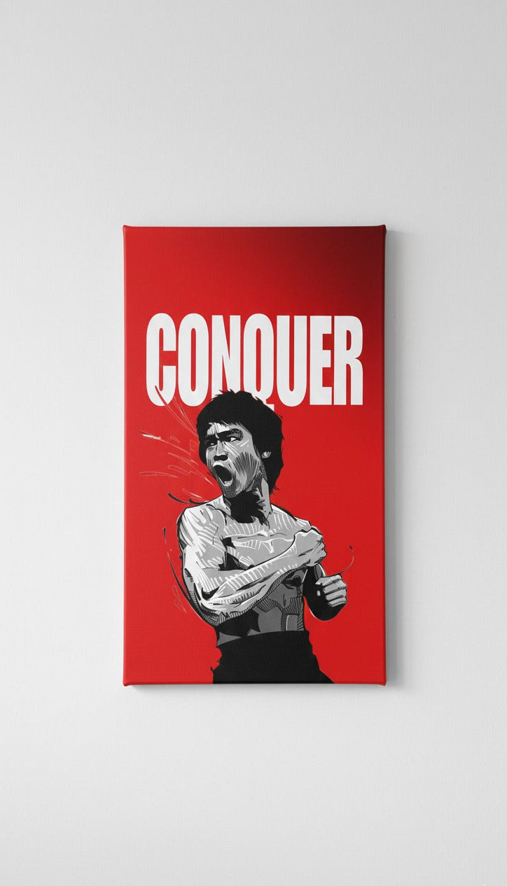 Bruce Lee velvet wall tapestry – mid-roar portrait with CONQUER text on bold red background flat product view