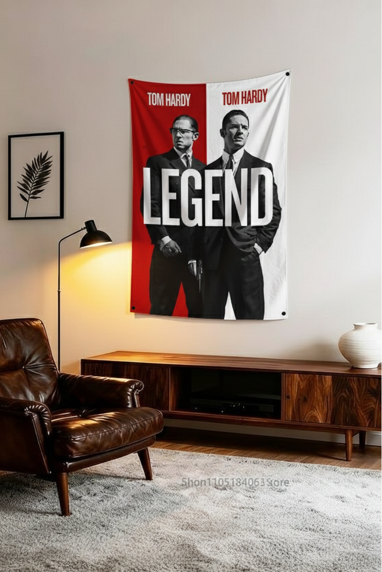 Legend Tom Hardy Kray Twins velvet wall tapestry – classic British crime film poster art mockup on bedroom wall