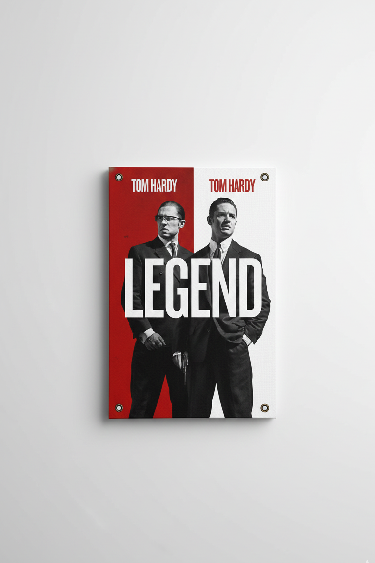 Legend Tom Hardy Kray Twins velvet wall tapestry – bold red and white split-screen film poster with Tom Hardy as both Kray twins