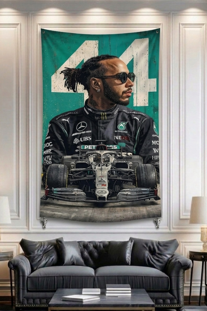 Lewis Hamilton number 44 velvet wall tapestry – bold teal graphic portrait of seven-time F1 world champion