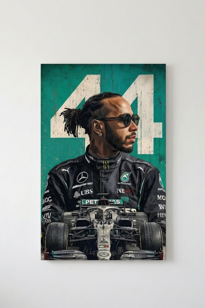 Lewis Hamilton number 44 velvet wall tapestry – teal and black F1 portrait with oversized number and Mercedes car composition