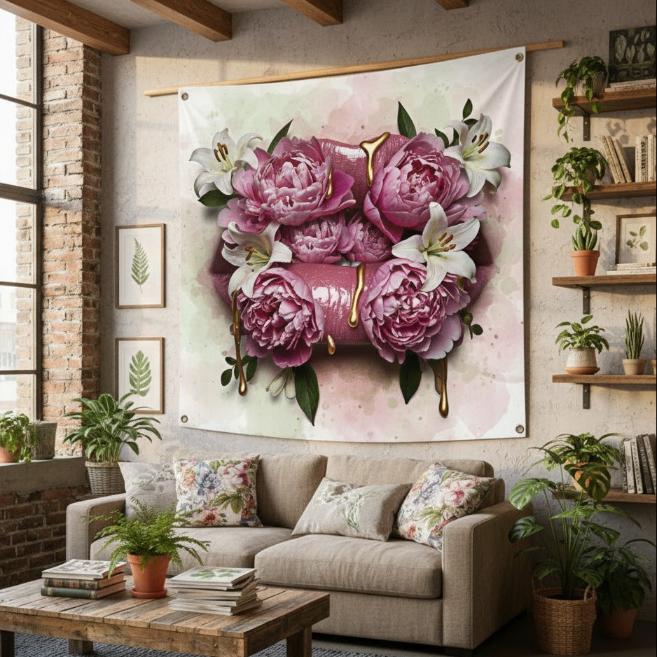 Floral lips velvet wall tapestry – room mockup showing tapestry hung on bedroom wall