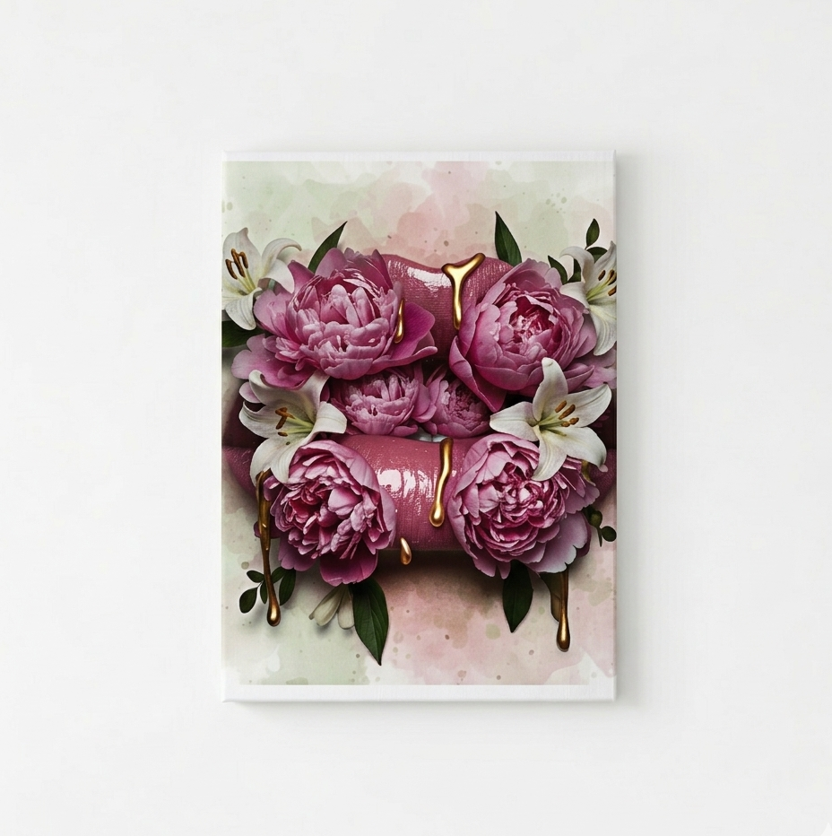Floral lips velvet wall tapestry – glossy pink lips blooming with peonies and lilies on watercolor wash with gold drip flat product view
