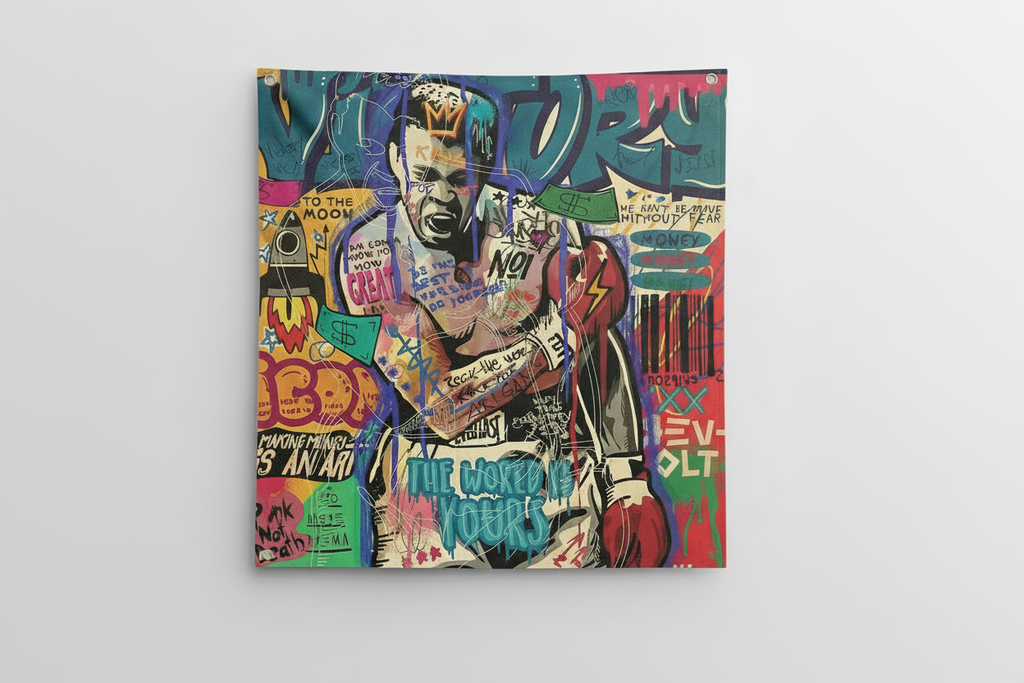 Muhammad Ali pop art velvet wall tapestry – framed display
