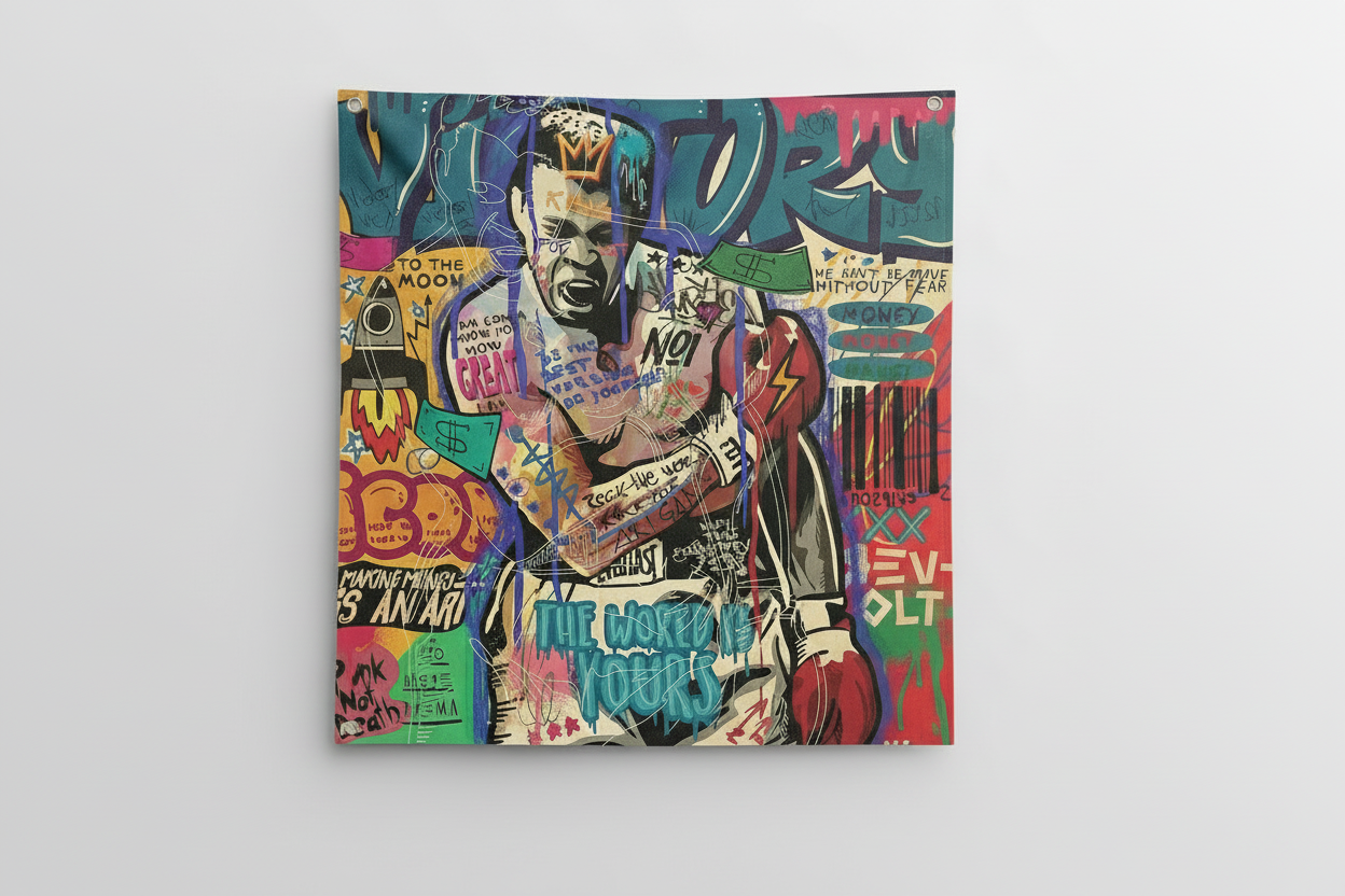 Muhammad Ali pop art velvet wall tapestry – framed display