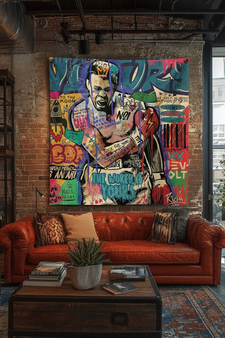Muhammad Ali pop art tapestry mockup on bedroom wall
