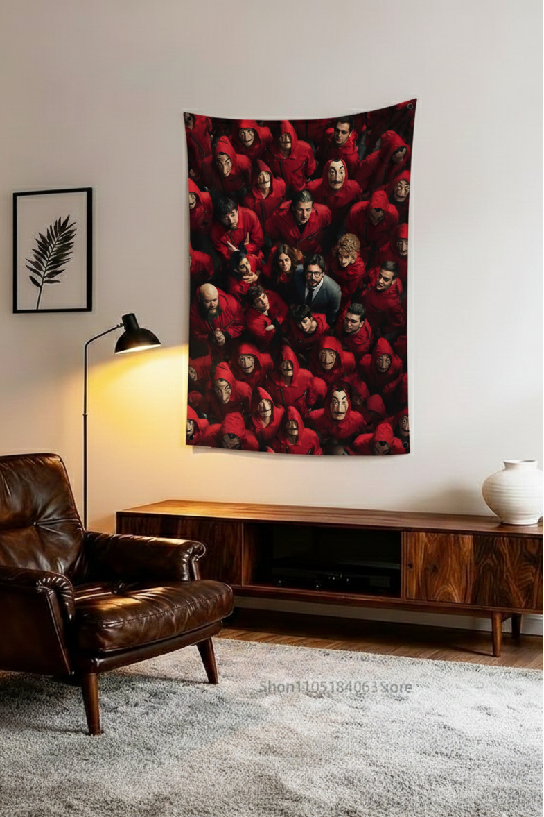 Money Heist red jumpsuit cast velvet wall tapestry – bold Netflix heist fan art mockup on bedroom wall