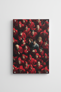 Money Heist red jumpsuit cast velvet wall tapestry – aerial crowd shot of full cast in red jumpsuits and Dali masks