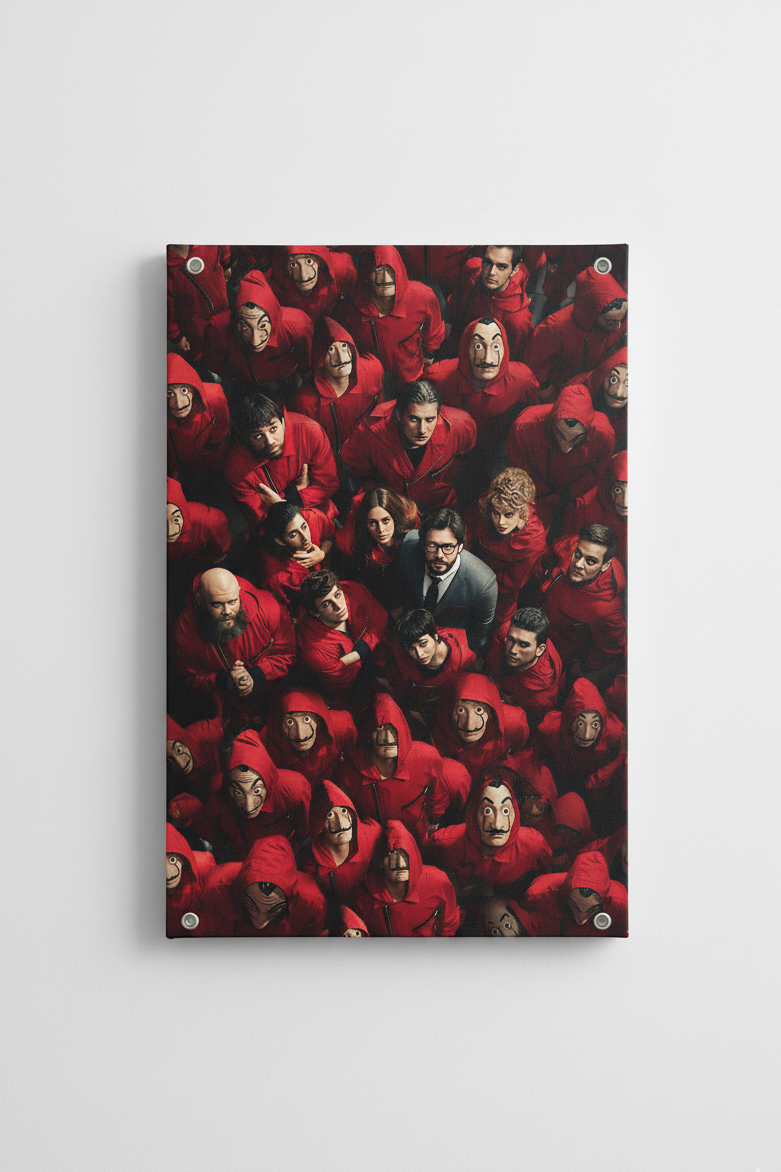 Money Heist red jumpsuit cast velvet wall tapestry – aerial crowd shot of full cast in red jumpsuits and Dali masks