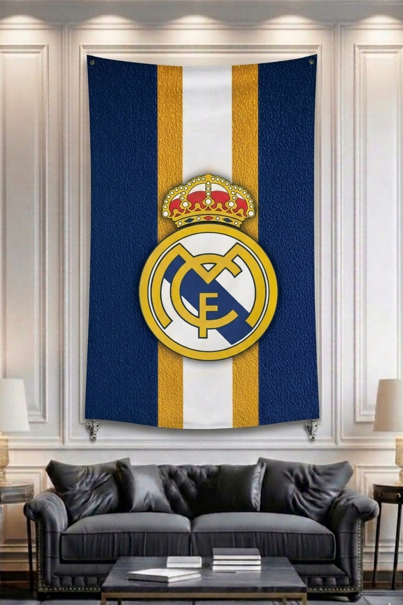 Real Madrid crest velvet wall tapestry – bold blanco football crest in rich navy and gold detail