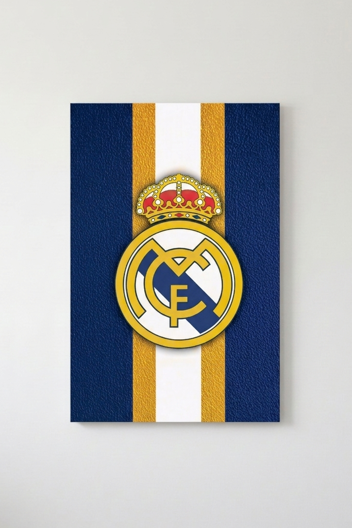 Real Madrid crest velvet wall tapestry – navy gold and white stripes with iconic club badge on leather-textured background