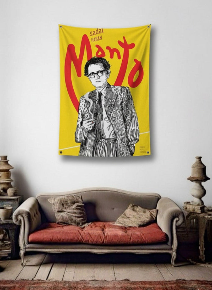 Saadat Hasan Manto velvet wall tapestry – room mockup showing tapestry hung on bedroom wall