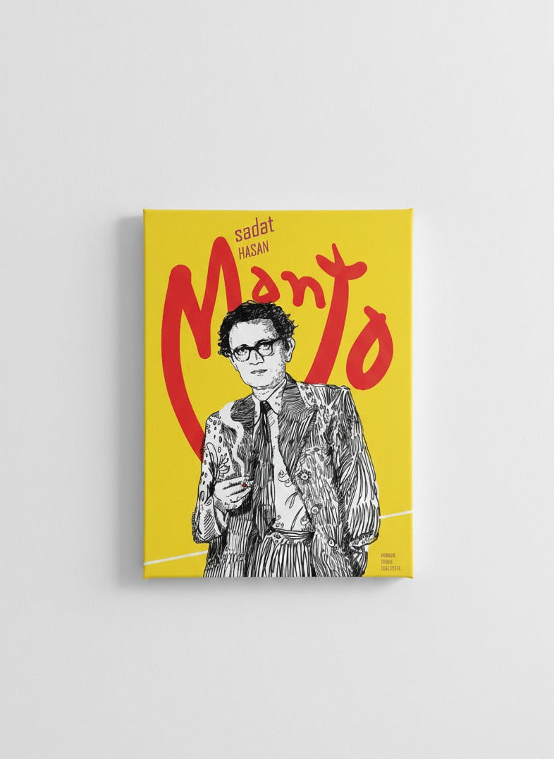 Saadat Hasan Manto velvet wall tapestry – sketch portrait with name in red on blazing yellow background flat product view
