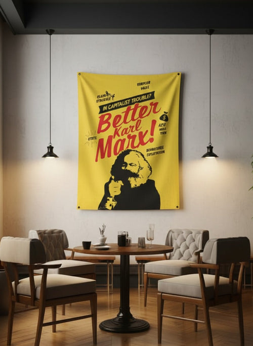 Karl Marx velvet wall tapestry – room mockup showing tapestry hung on bedroom wall