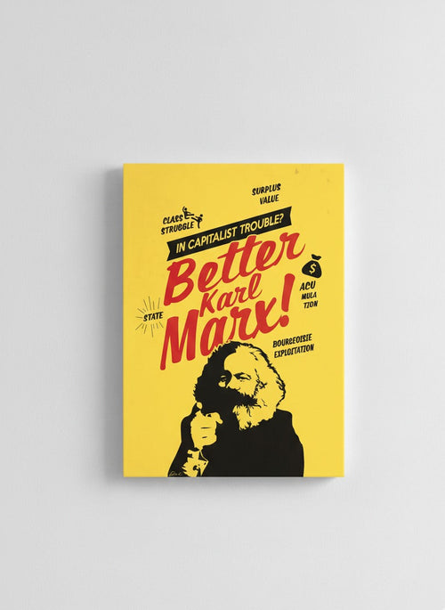 Karl Marx velvet wall tapestry – Better Karl Marx parody ad in bold yellow and red with political satire text flat product view