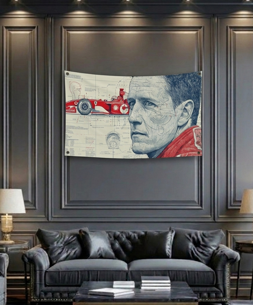 Michael Schumacher F1 blueprint velvet wall tapestry – detailed engineering-style portrait with red Ferrari accents