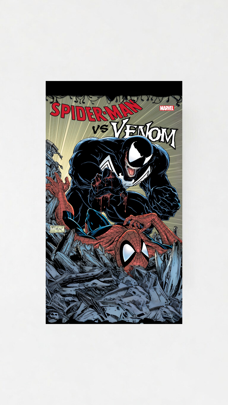 Spider-Man vs Venom velvet wall tapestry – classic Marvel comic cover with Venom towering over downed Spider-Man symbiote teeth bared and rubble everywhere