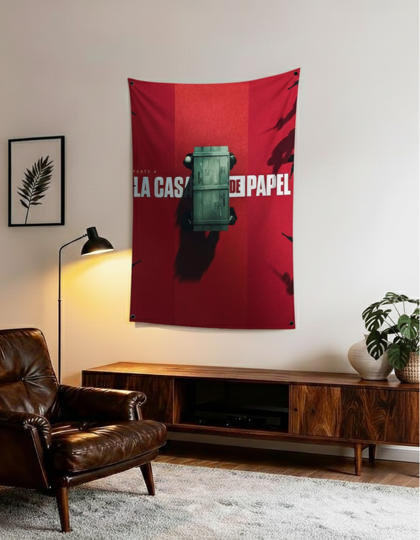 Money Heist La Casa de Papel velvet wall tapestry – deep crimson red minimal heist aesthetic mockup on bedroom wall
