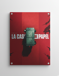 Money Heist La Casa de Papel poster art with a green vault on a deep red background, printed on a velvet wall tapestry