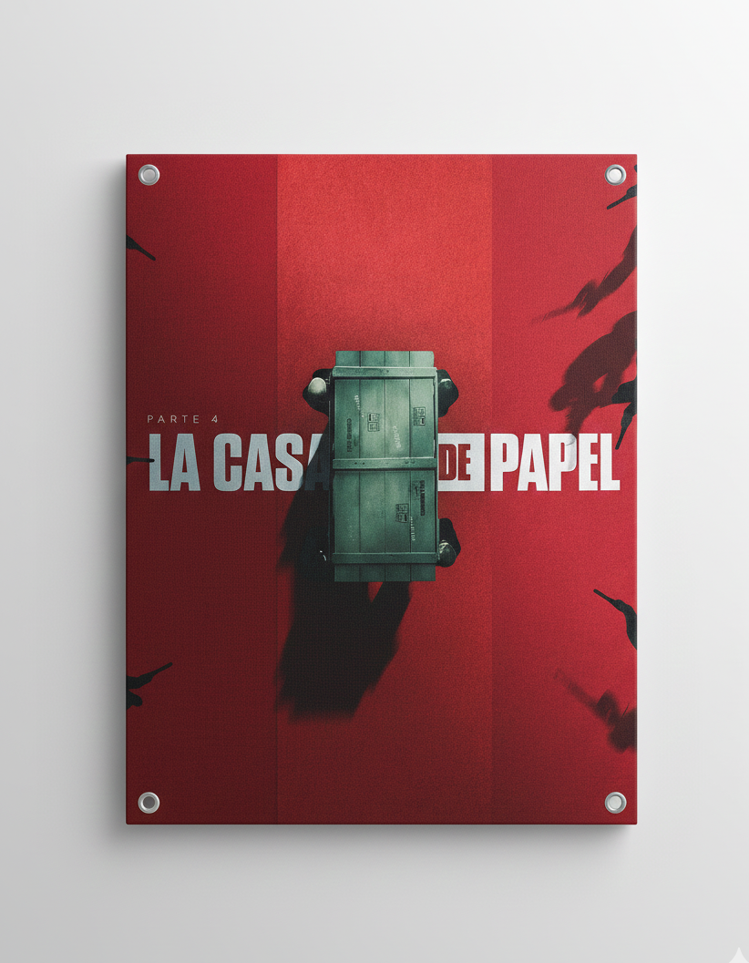 Money Heist La Casa de Papel poster art with a green vault on a deep red background, printed on a velvet wall tapestry
