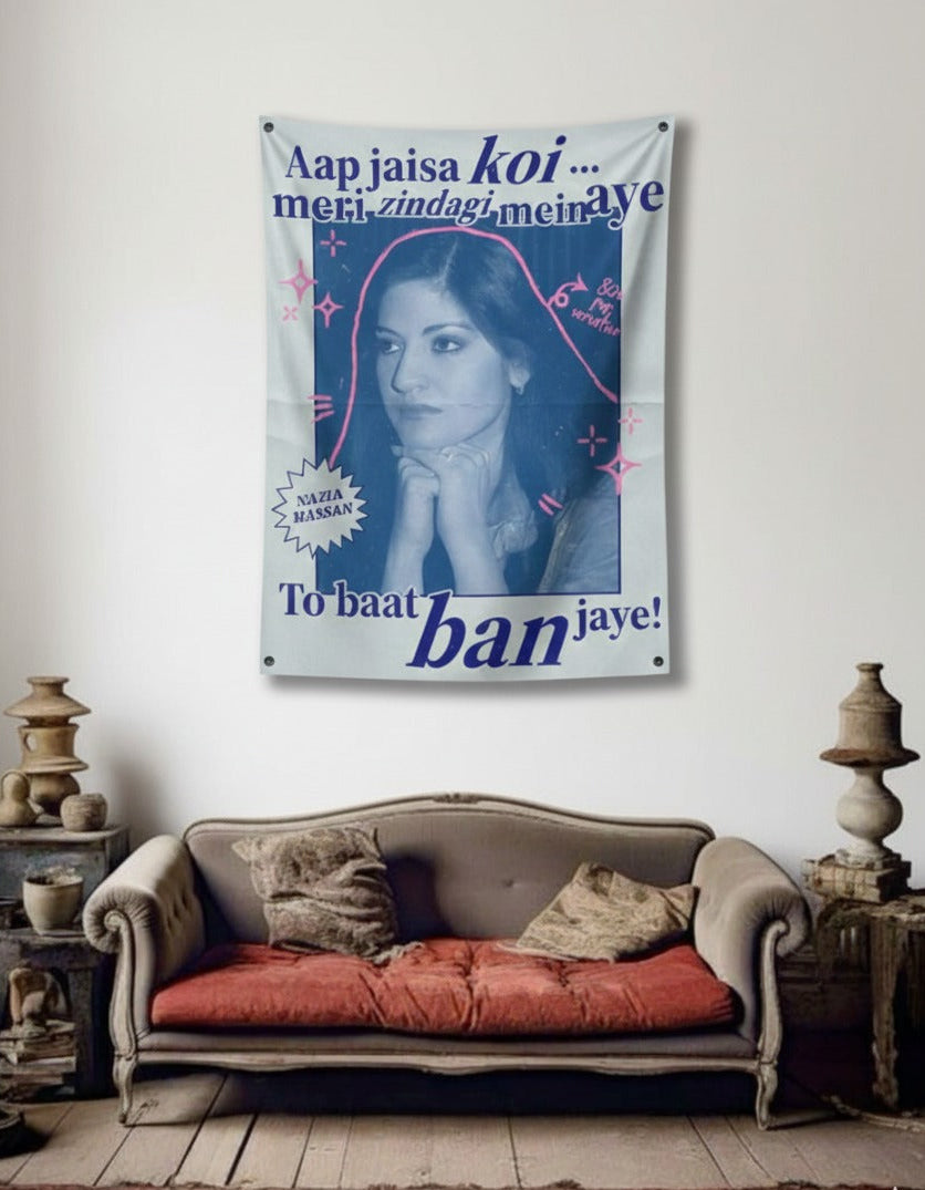 Nazia Hassan Aap Jaisa Koi velvet wall tapestry – room mockup showing tapestry hung on bedroom wall