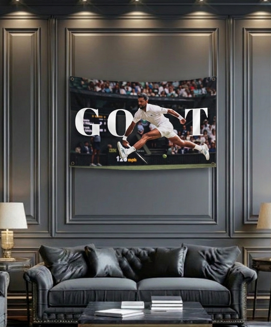 Novak Djokovic GOAT velvet wall tapestry – close-up sports portrait with clean minimalist design