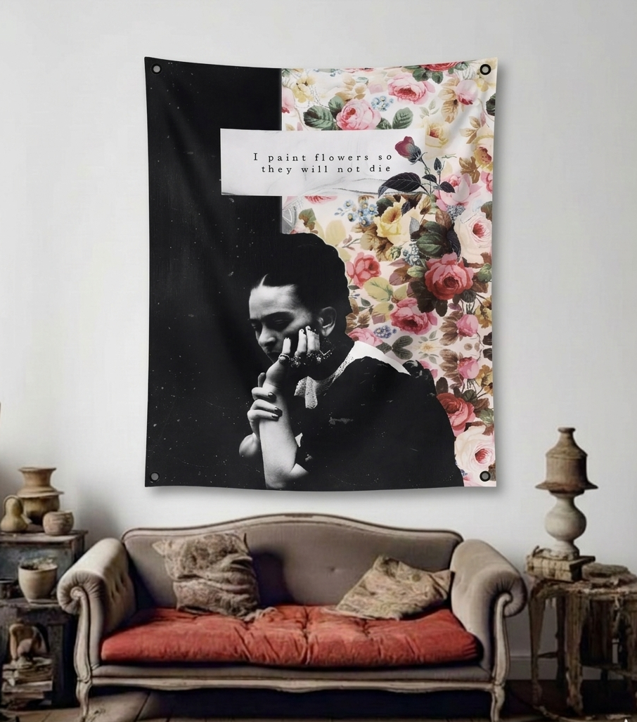 Frida Kahlo velvet wall tapestry – room mockup showing tapestry hung on bedroom wall